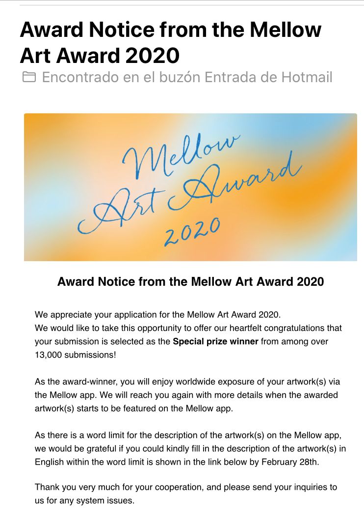 Mellow Art Award 2020 . Special prize winner from among over 13,000 submissions!